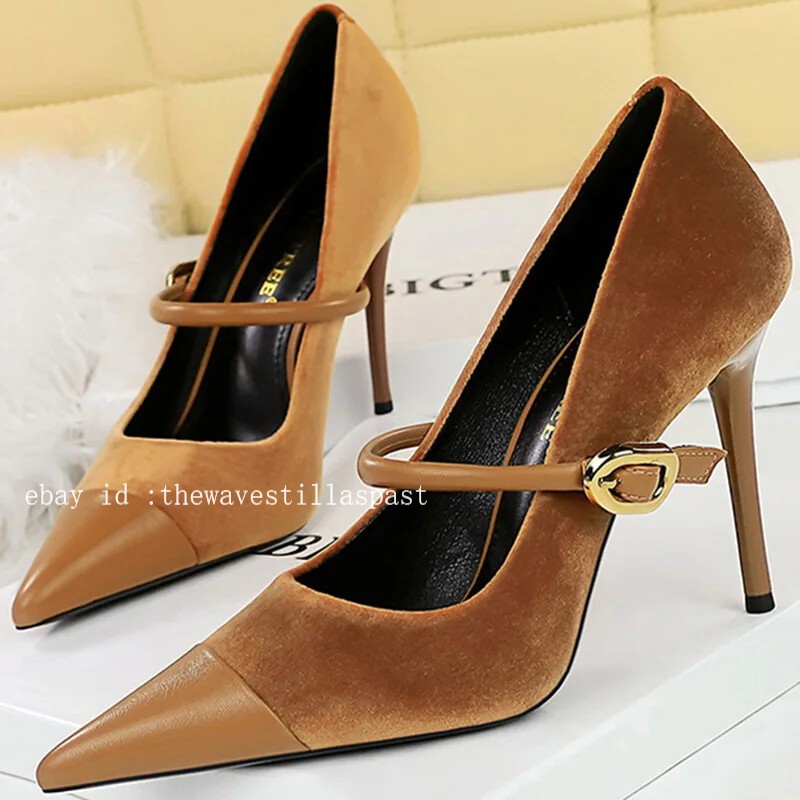 Women Pointed Toe High Heels Thin Heel Metal Buckle Stilettos Party Shoes Pumps