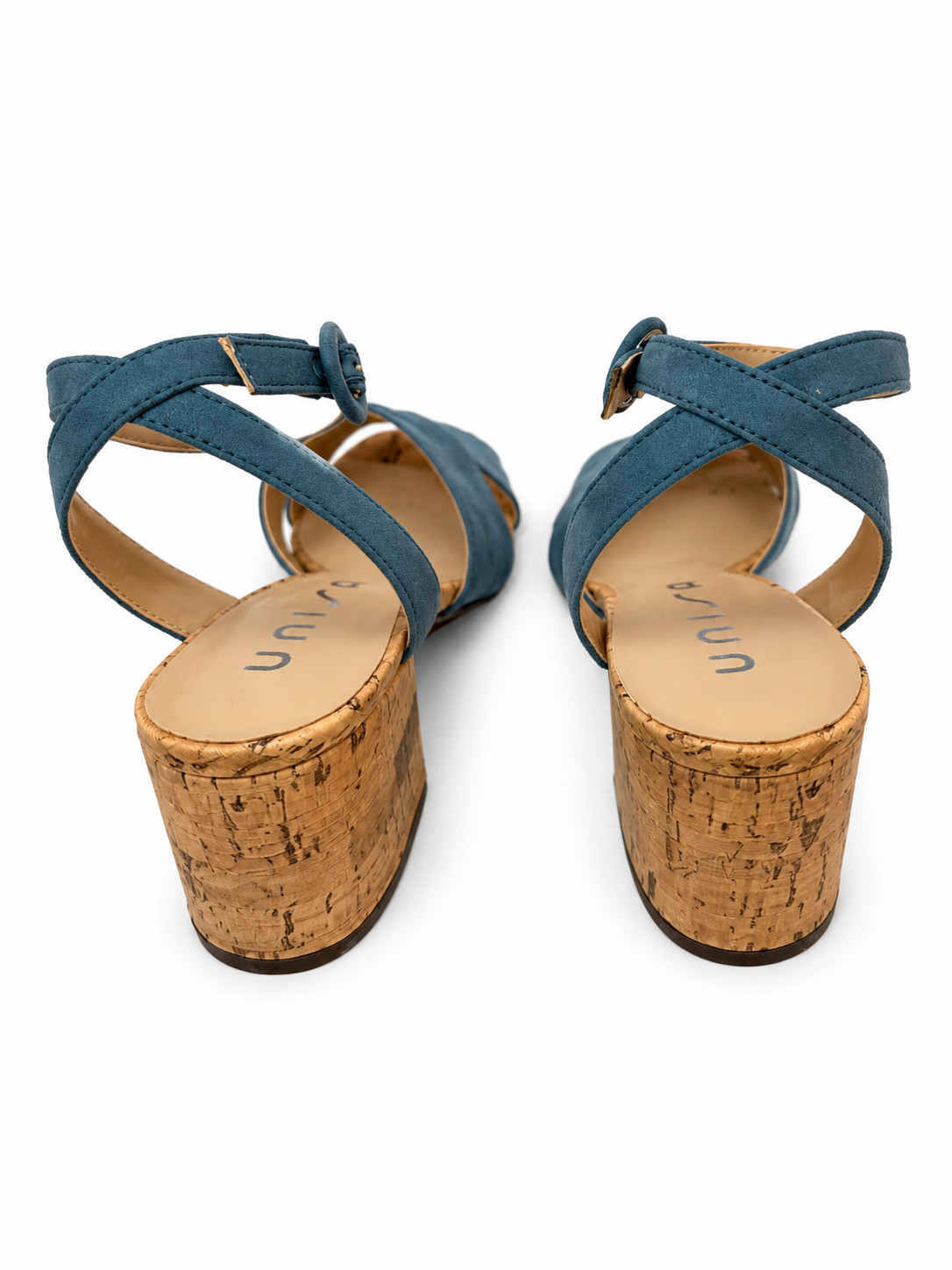 Unisa Womens Denim Ankle Strap Block Heels Open Toe Sandals – NEW