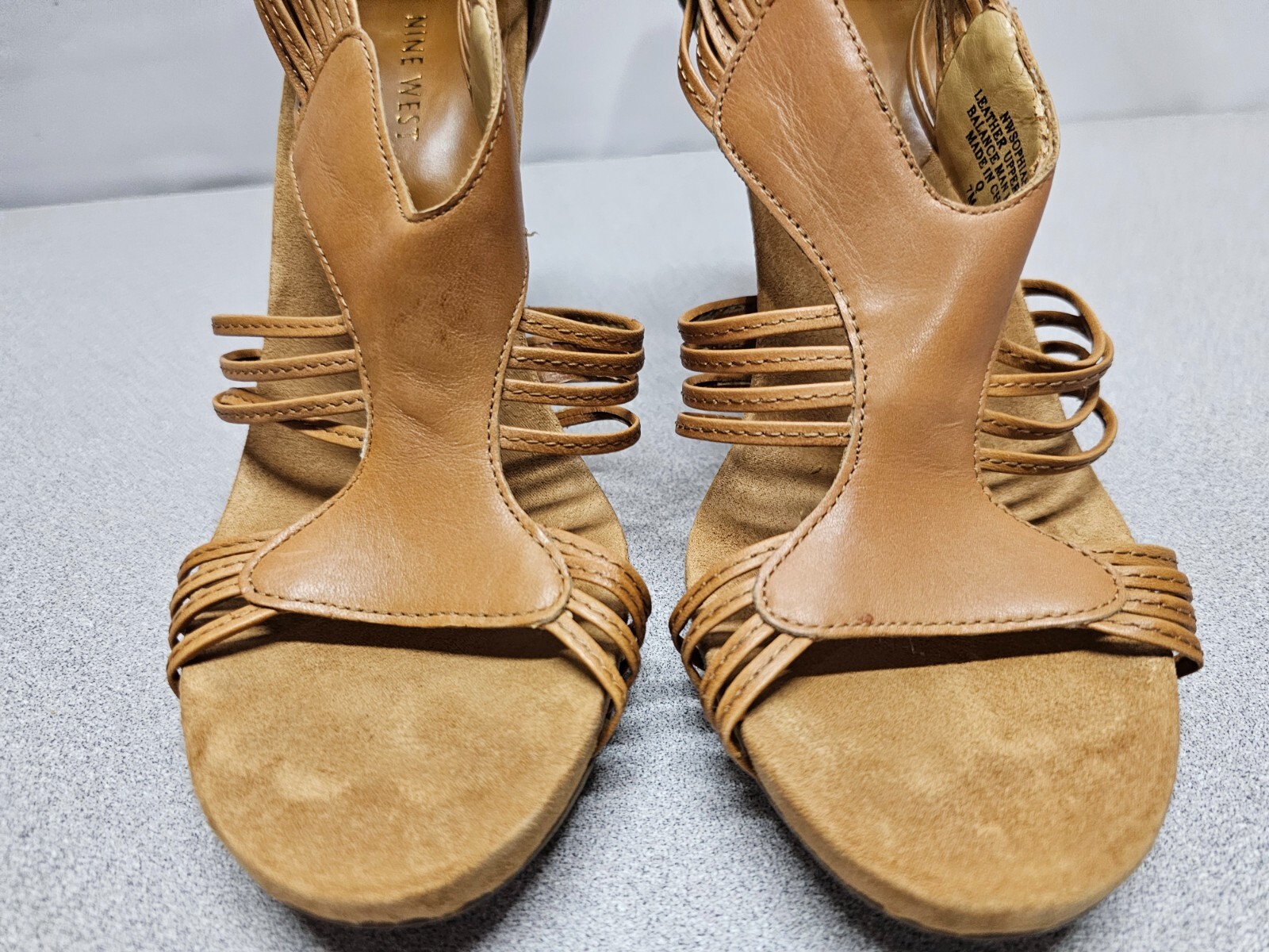 Nine West Womens Size 7 Brown Leather Pumps 3.5″ Cone Heels Strappy Open Toe