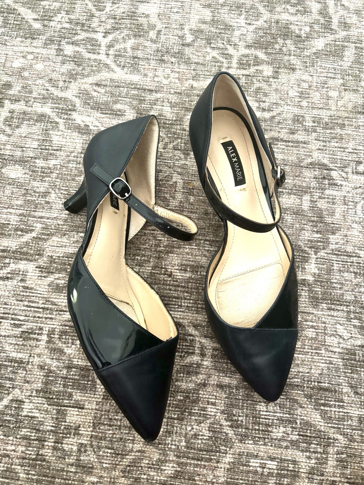 Alex Marie Navy Pointed Toe Mary Jane Kitten Heels Mixed Materials 6M
