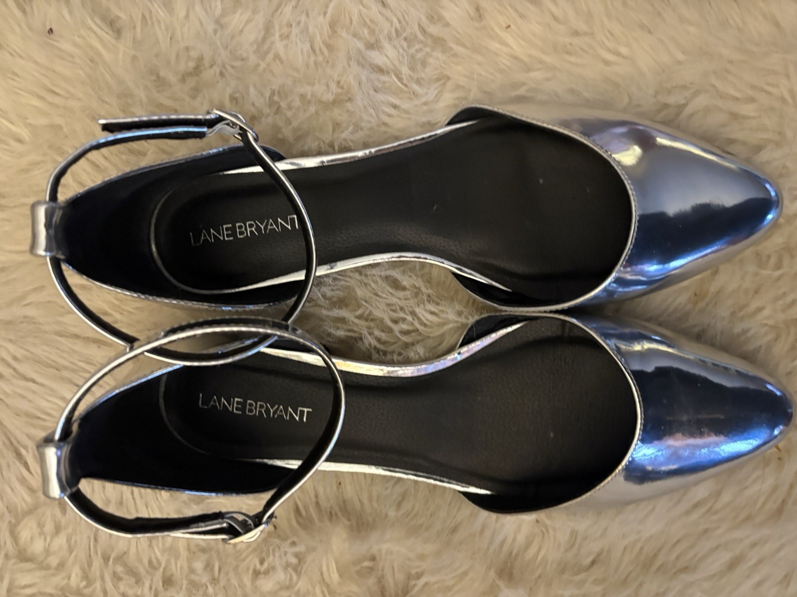 Lane Bryant 11W Silver Flat Shiny Ankle Strap Covered Toe Pointy Comfort Sleek