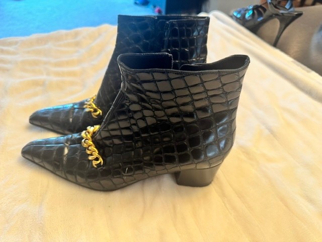 Tom Ford Black Leather Gold Chain Link Ankle Boots, black, size 39