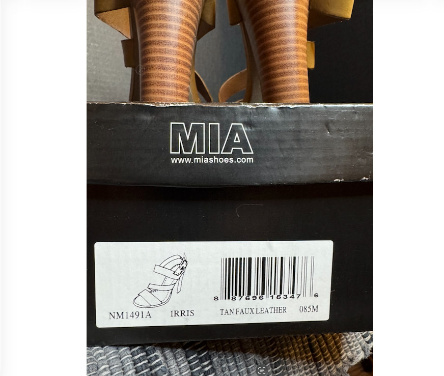 MIA Women’s Irris Tan Faux Leather Strappy Sandal w/ 4.25″ heel, Size 8.5 M