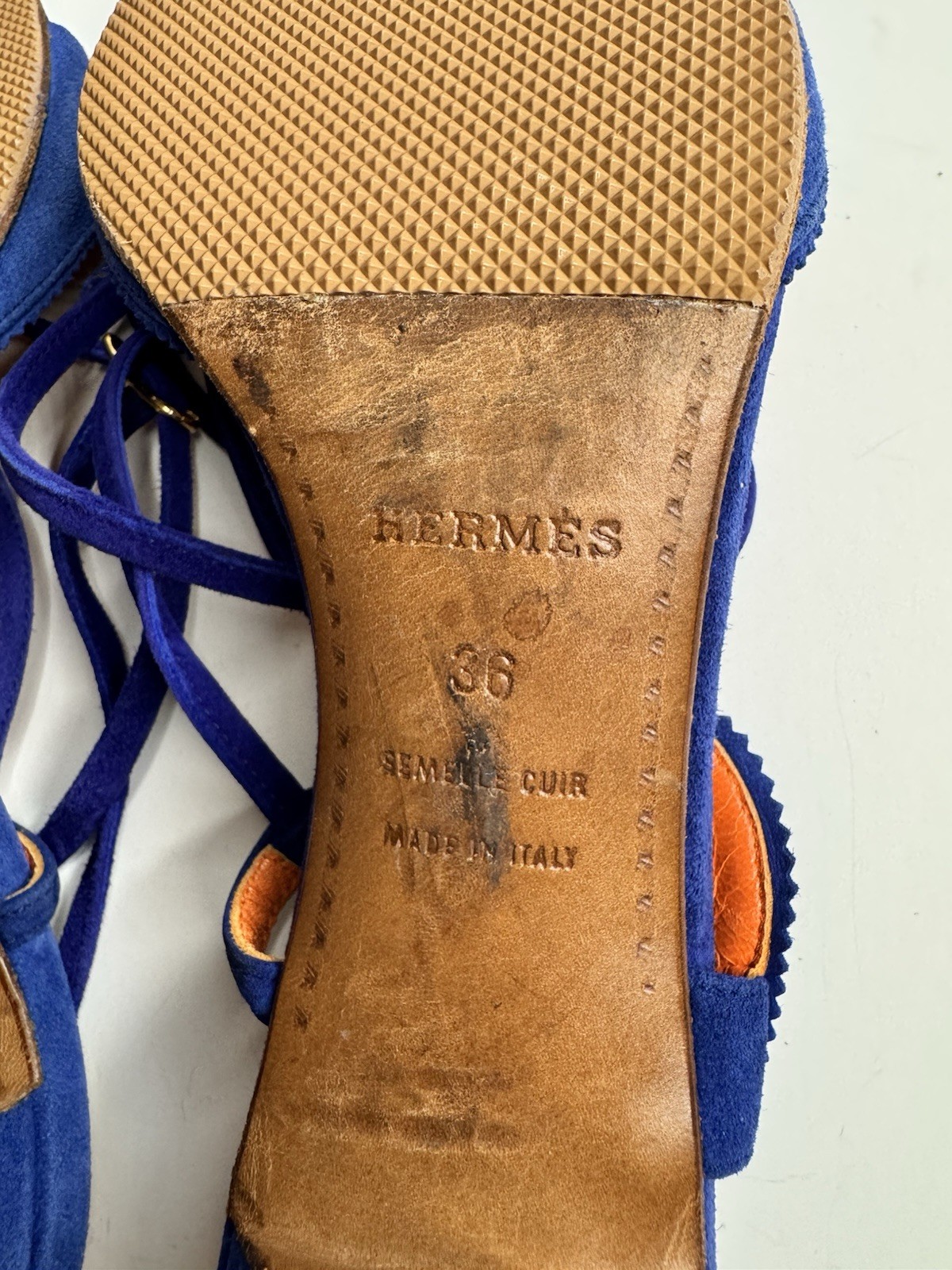 Hermes Sandals Blue Suede Heels Women’s Size 36 USA 6 Used Made In Italy