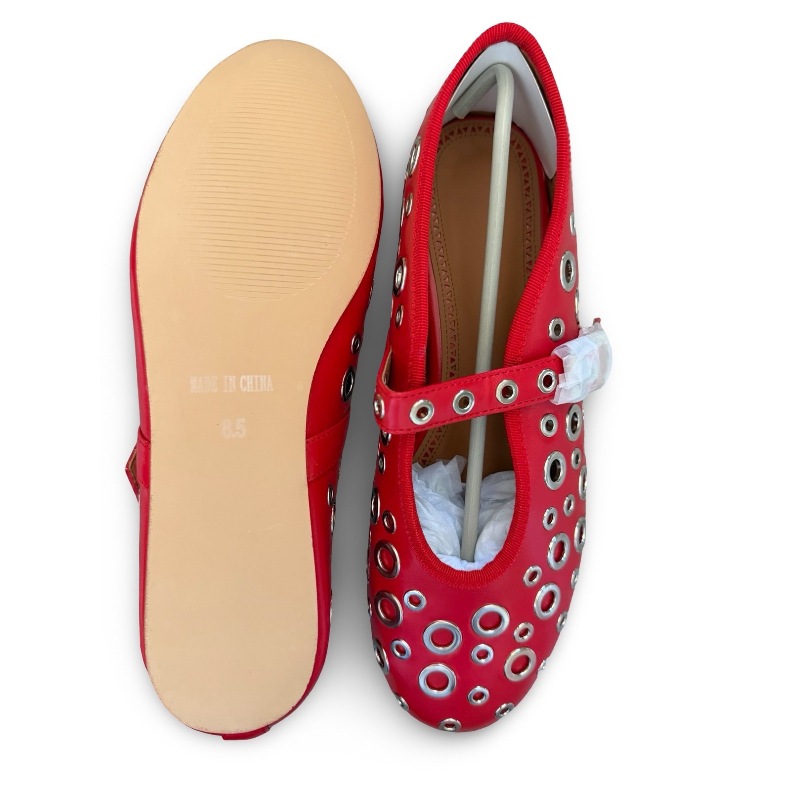 Red Grommet Mary Jane Flats Buckle Strap Eyelet Shoes Womens 8.5 NEW
