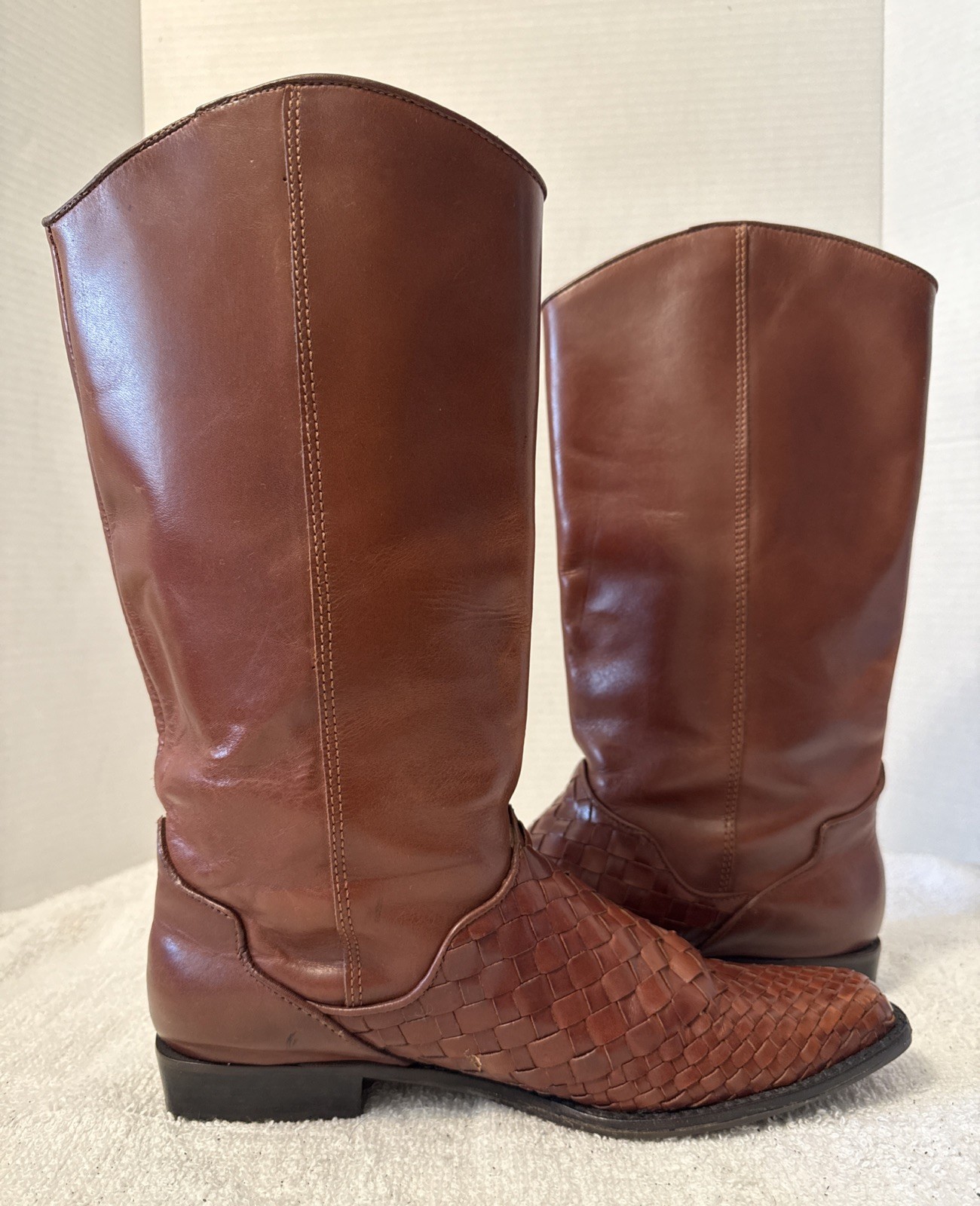Unisa Flex Womens Cognac Leather Weave Vamp Tall Boots Size 8B Brazil