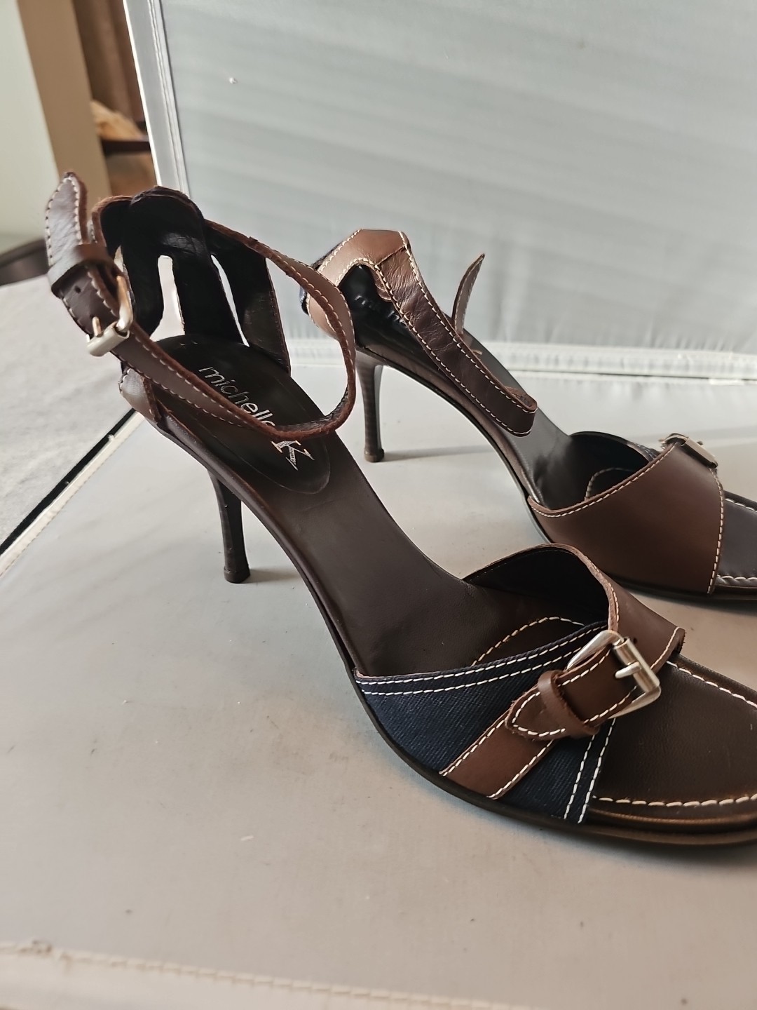 Michelle K Size 11 EU 41 Brown Navy 3.25″ High Heel Buckles Vero Cuoio Italy