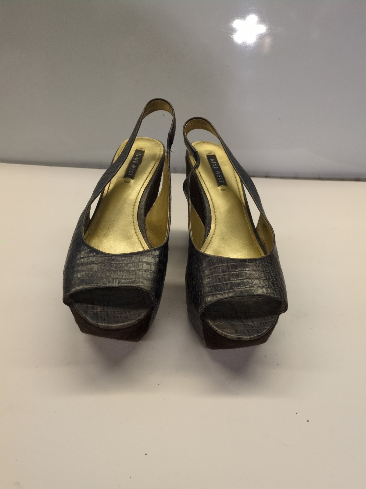 Nine West 9.5M Blue Leather Snakeskin Upper w/Brown Suede Platform 4.25″ Wedge