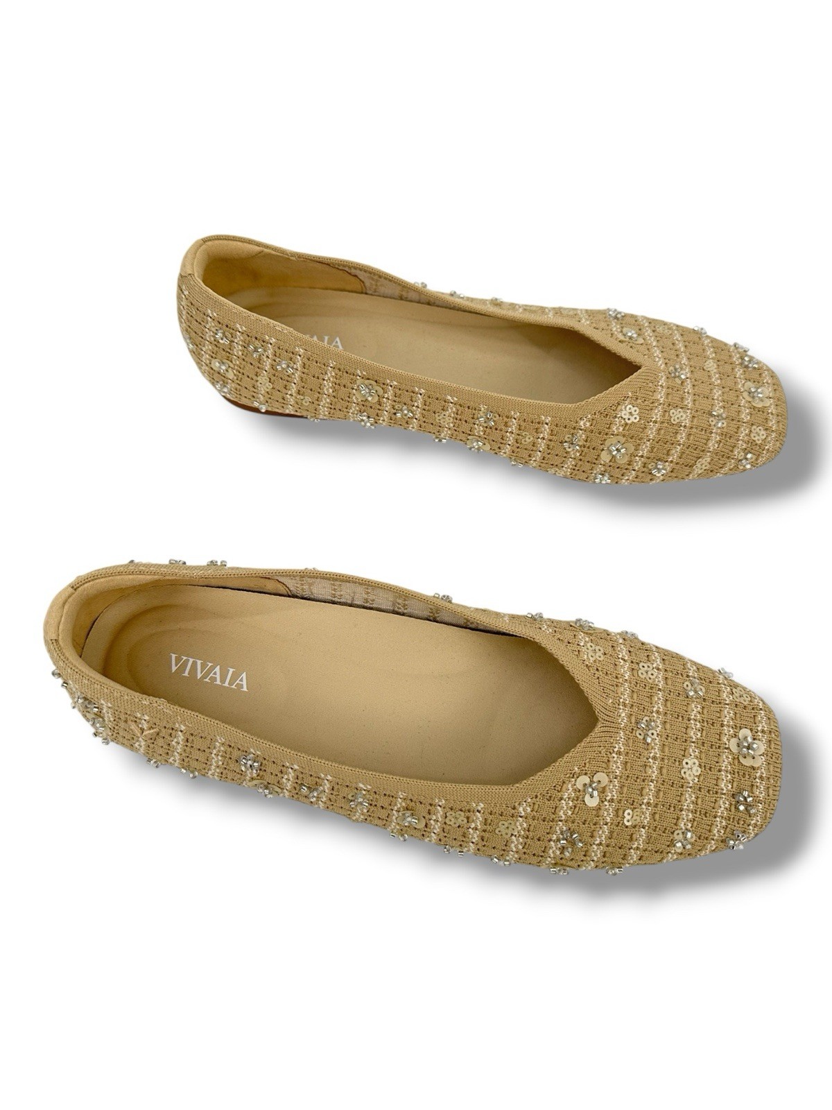 VIVAIA Margot 2.0 Square Toe V-Cut Knit Flats Beige Floral EU 39 US 8 NIB