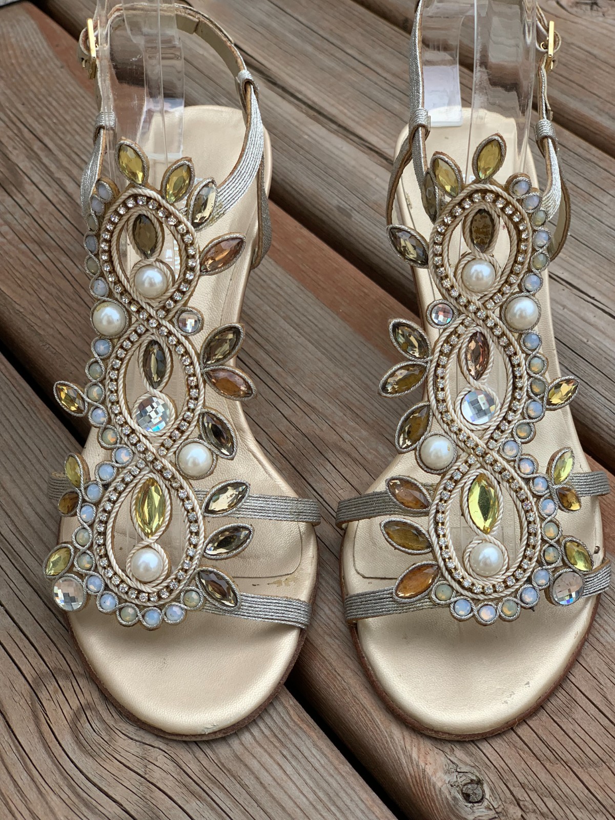 Ramon Tenza Rhinestone Beaded Strappy Sandals 5.5 Gold Silver Embellished Heels