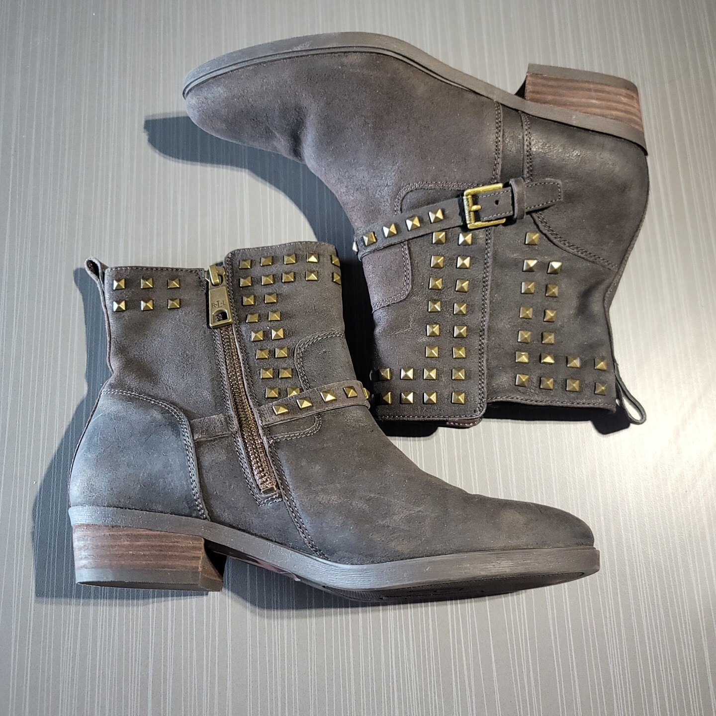 Ralph Lauren Leather Shaelynn Boots Sz 6 Dark Brown Studded, Zipper, Low Boots