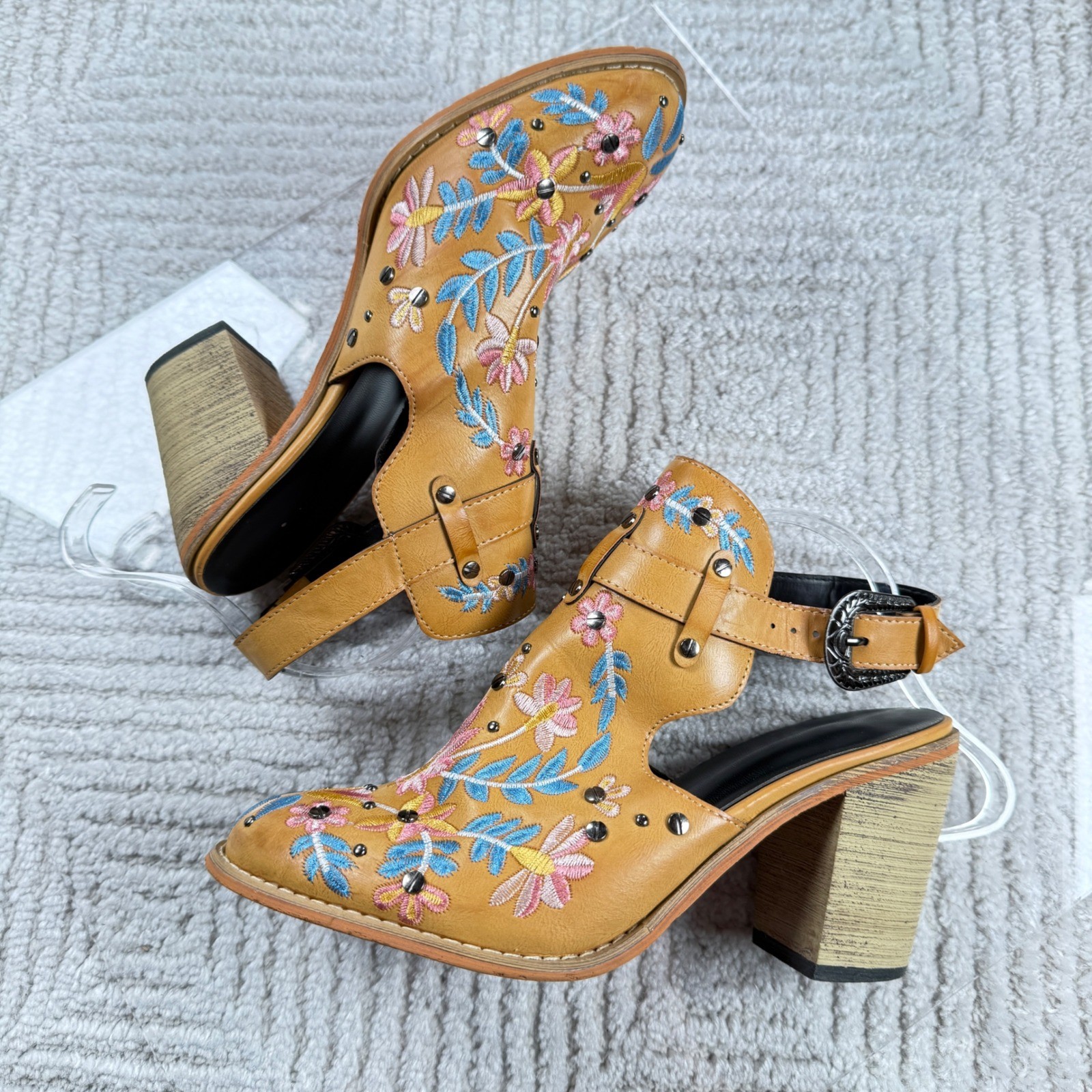 Ankle Strap Booties Womens 9 Tan Boho Western Embroidered Floral Boho Bohemian