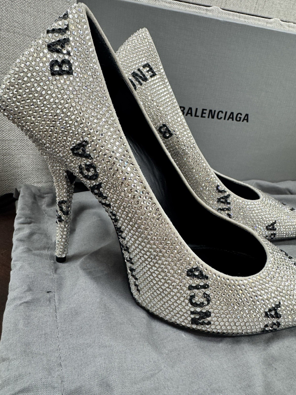Balenciaga Silver/Black Crystal Logo Pointed Toe Stiletto Pumps Leather 9