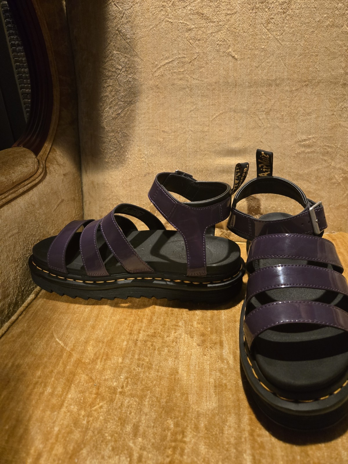 Dr. Martens Women’s Purple Patent Leather Strappy Ankle Strap Buckle Sandals
