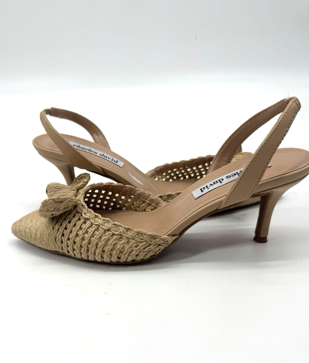 Charles David Allyson Raffia Bow Kitten Heel Sling Back Shoe 6.5 Coastal Resort