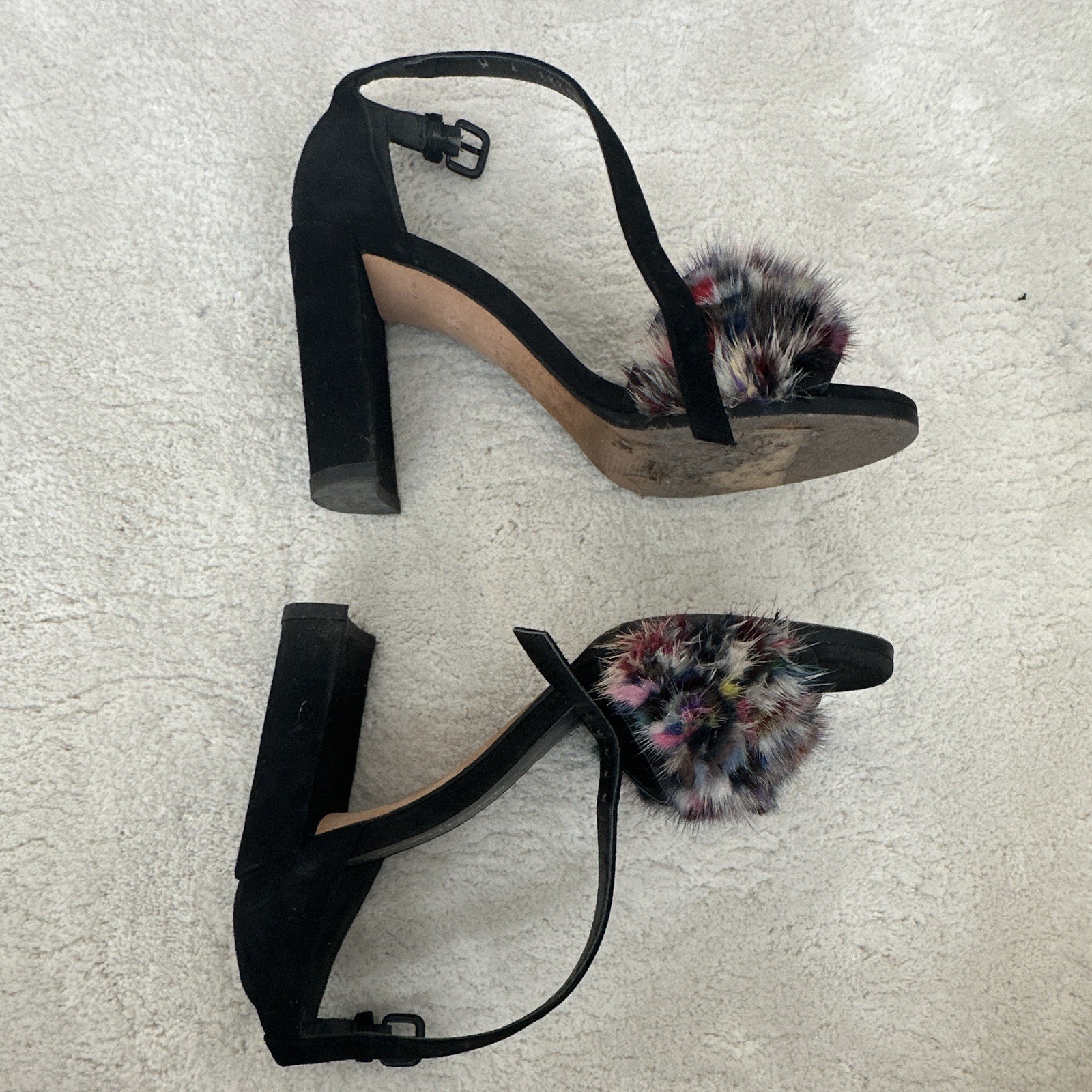 Stuart Weitzman Leather Strappy Ankle Strap Faux Fur Sandals Black 7