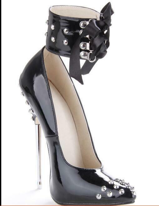 Womens Pointed Toe Ankle Strap Rivet 16cm High Heel Lace Up Stilettos Clubwear