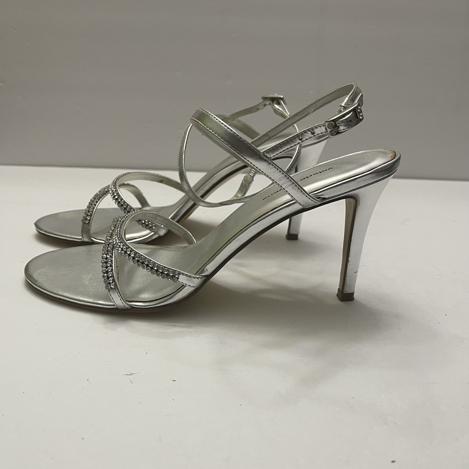 VALERIE STEVENS Royal Silver Rhinestone Sandal Sz 8 Strappy Heel Wedding Holiday