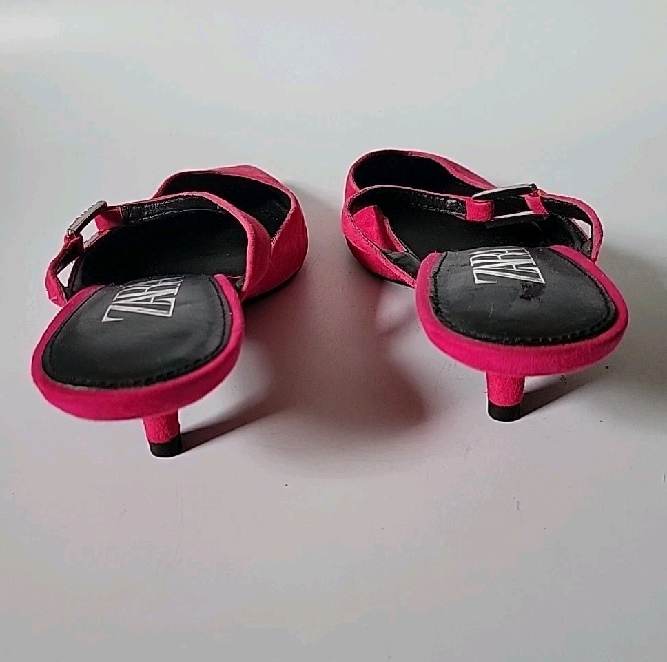 Zara Kitten Heel Point Toe Mules 7 Fuschia Pink Suede Chic Effortless Feminine