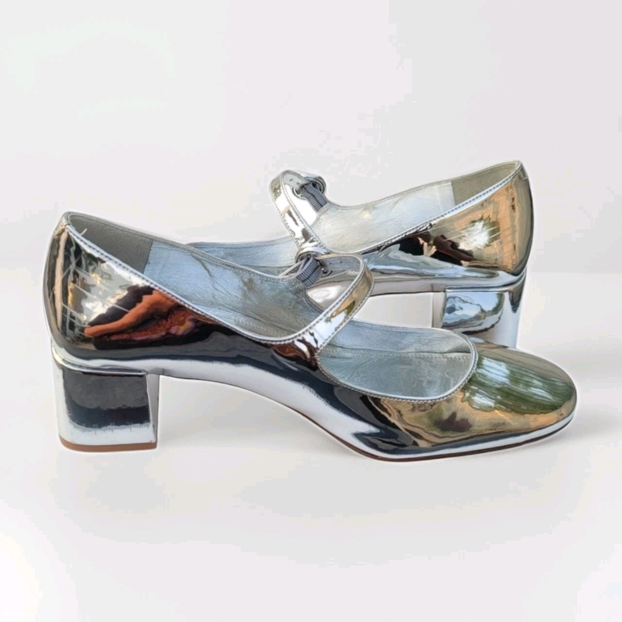 ​Larroude Blair Mary Jane Silver Specchio Leather Block Heel Pump Shoes Womens 9