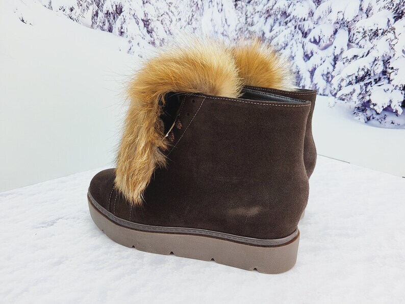 Women’s Brown Suede Ankle-High Fox Fur Boots, Handmade by LITVIN
