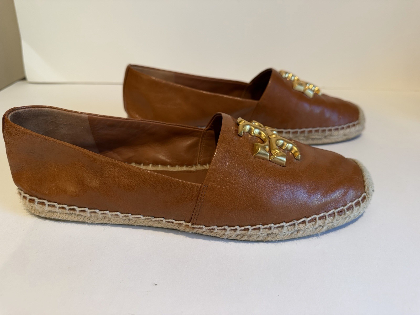 Tory Burch Eleanor Calf Leather Espadrille Flats Bourbon Gold Size 10 Box