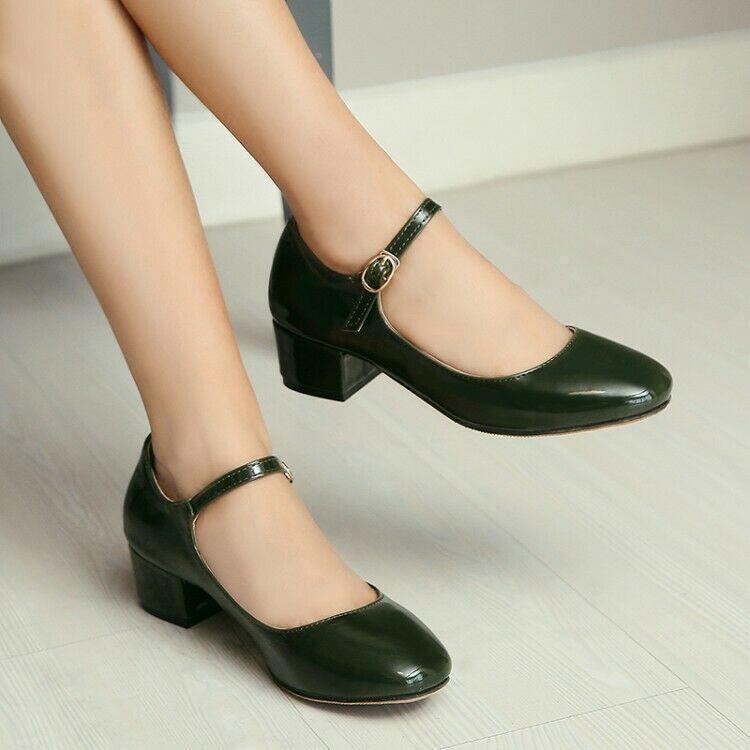 Women’s Square Toe Block Heel Loafer Ankle Strap Mary Jane Shoe Daily Pump Black