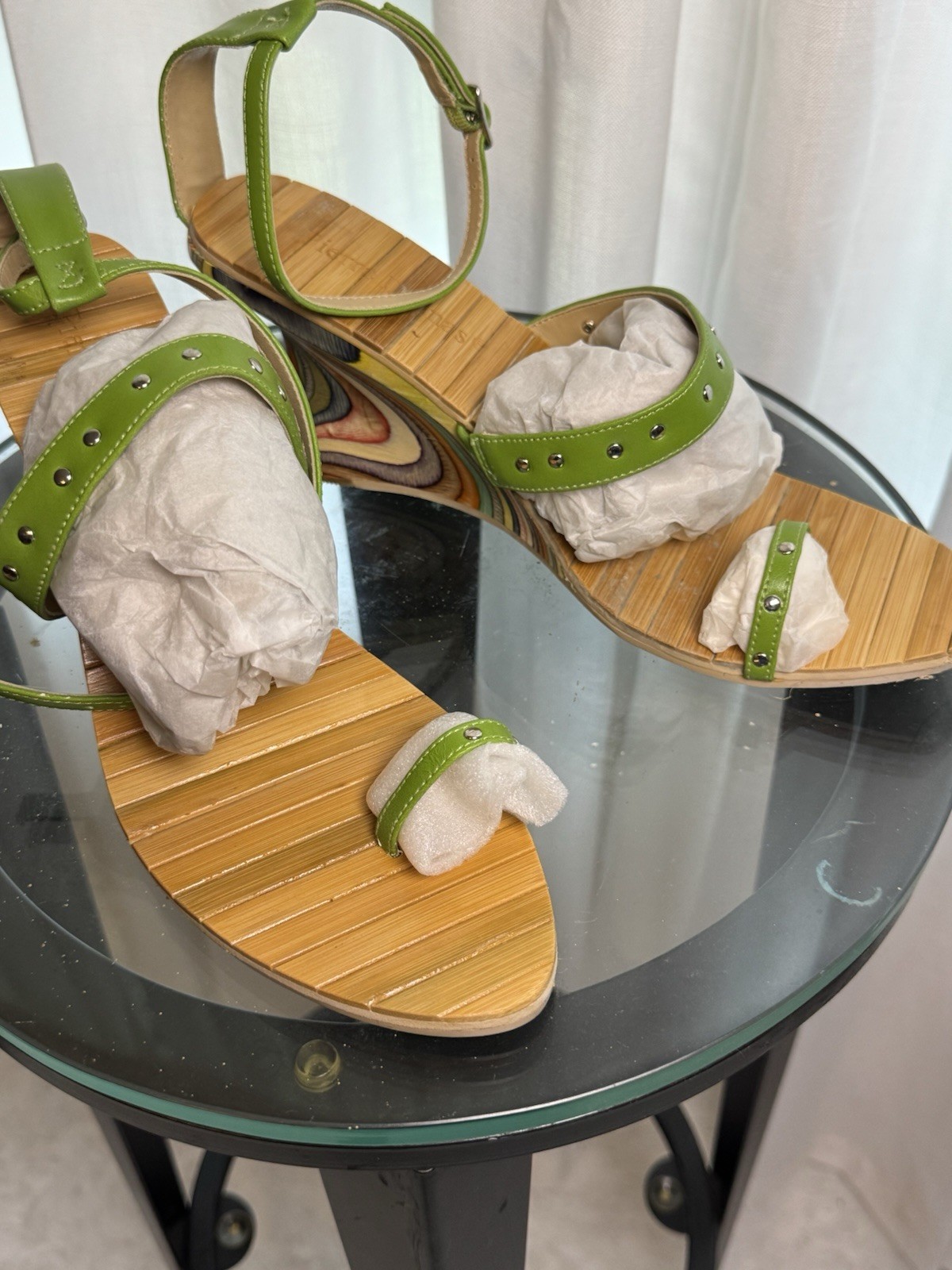 Women’s Green Strappy Wedge Sandals Studded Adjustable Ankle Strap Buckle
