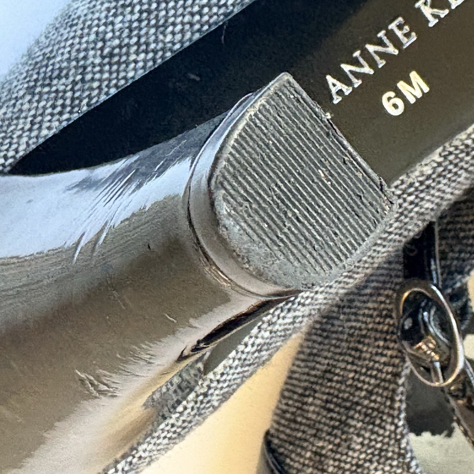 Anne Klein Mary Jane Heel Women 6 Sweet Pea Grey Fabric Black Patent Pump 3.25″