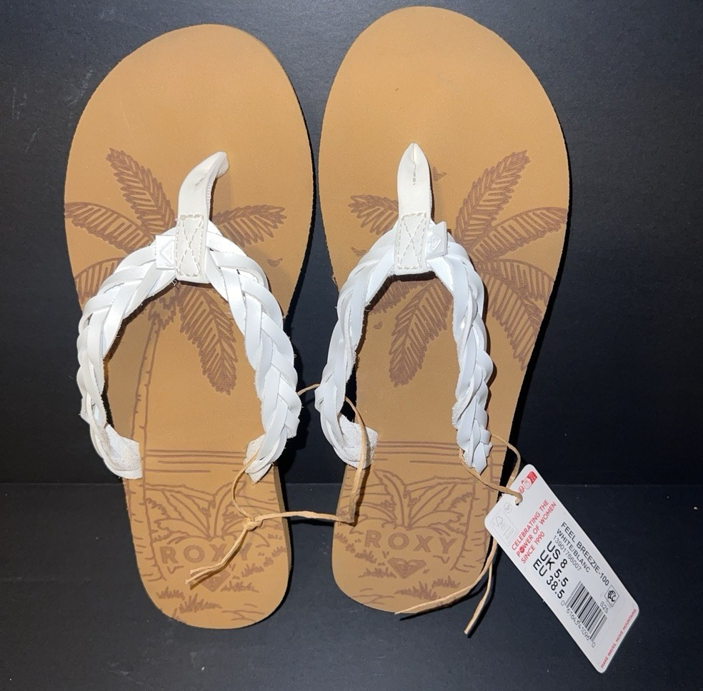 Roxy Women’s Leather Thong Sandals White/Tan Braided Logo Slip On US 8