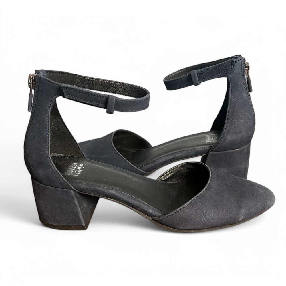 Eileen Fisher Women’s Goldie Suede Pump Block Heel Ankle Strap Back Zipper Sz 6