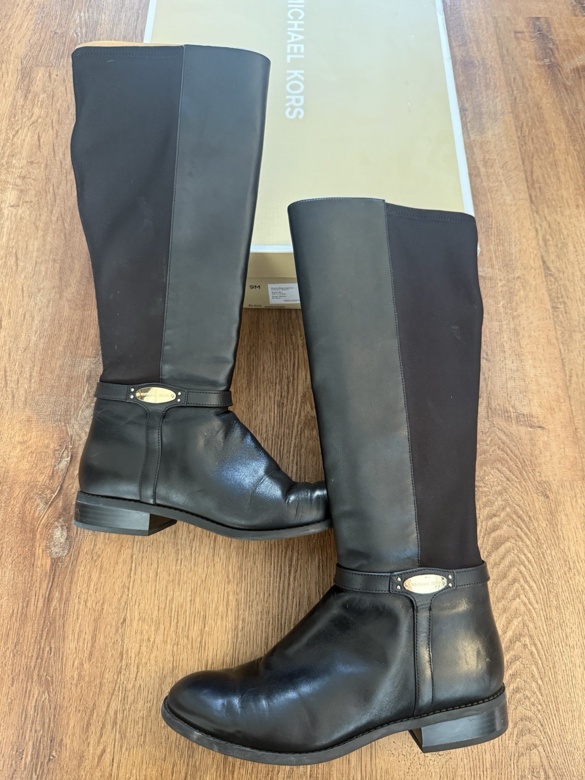 Michael Kors Black Leather Riding Boots with Stretch and Gold Accents Size 9