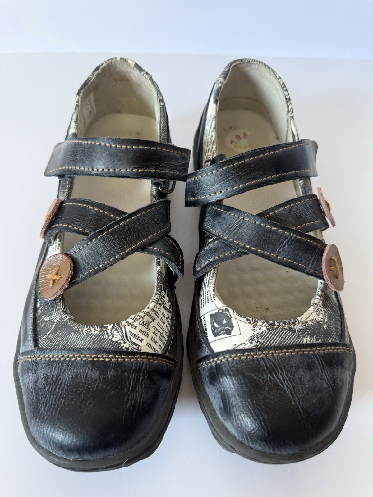 TMA Eyes Blue Black Leather Newspaper Mary Jane Shoes Women’s 7.5 Germany