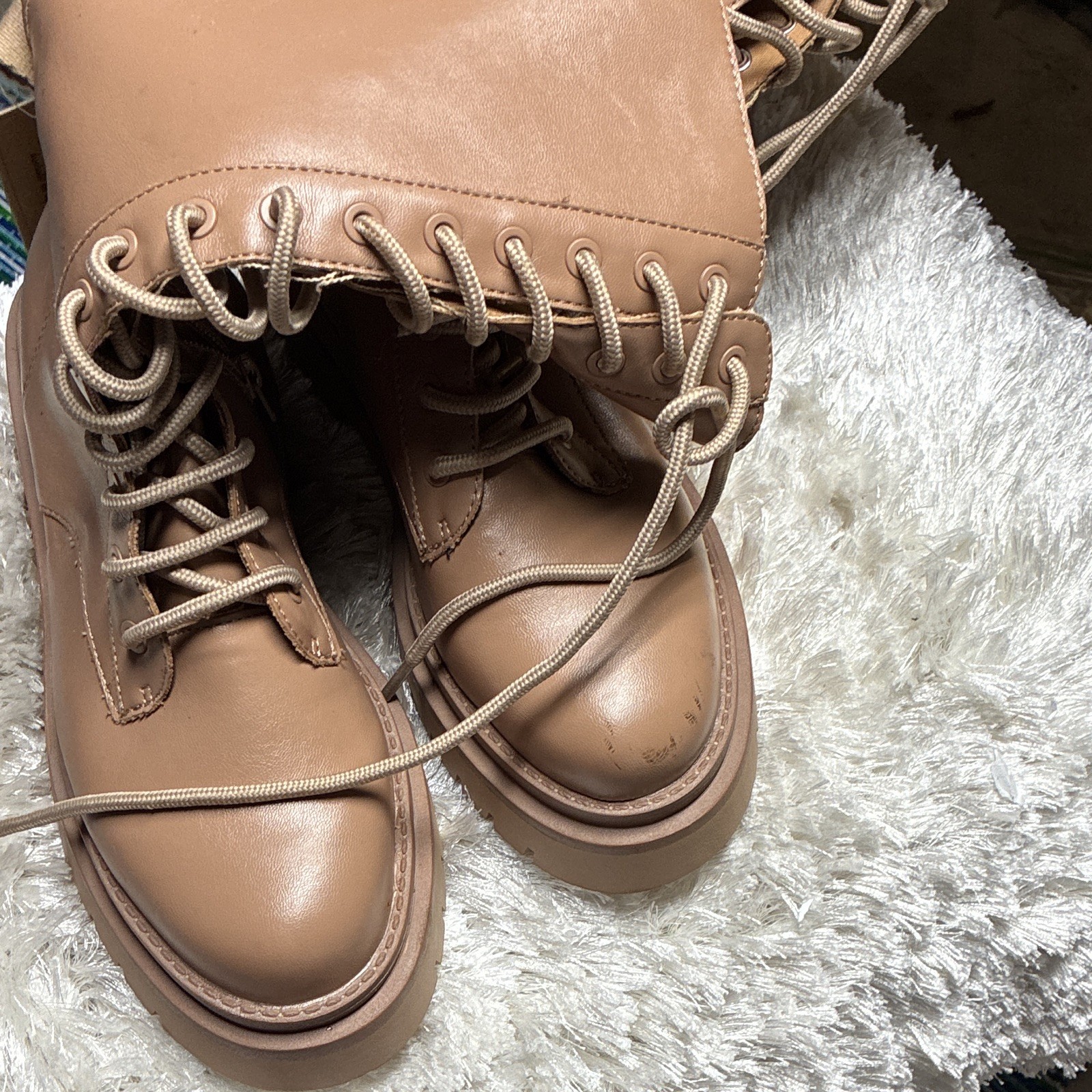 CORINA Women’s Tan Combat Ankle Boots US 9 M Round Toe Lace-Up Zip Comfort