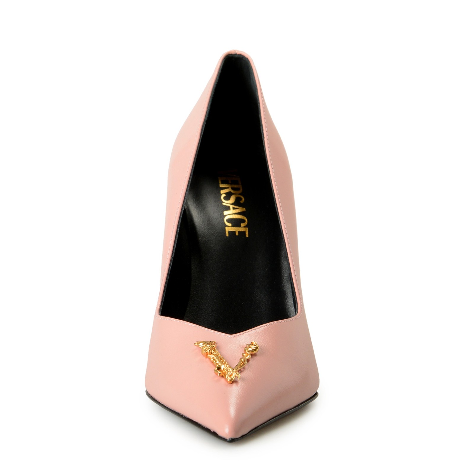 Versace Women’s Gold V-Logo Dark Rose 100% Leather Heeled Pumps Shoes US 6 IT 36