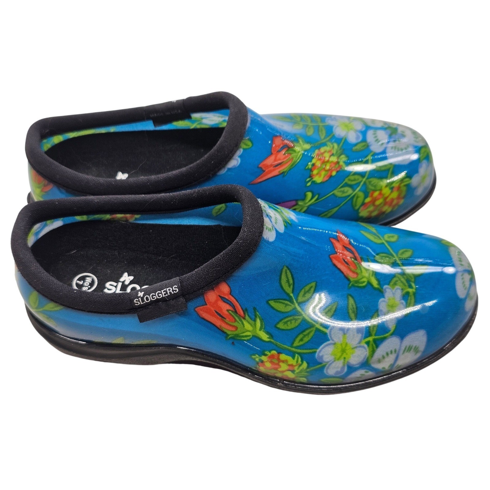 Sloggers Blue Floral Waterproof Garden Shoes Clogs Womens 7 Made in USA 5102