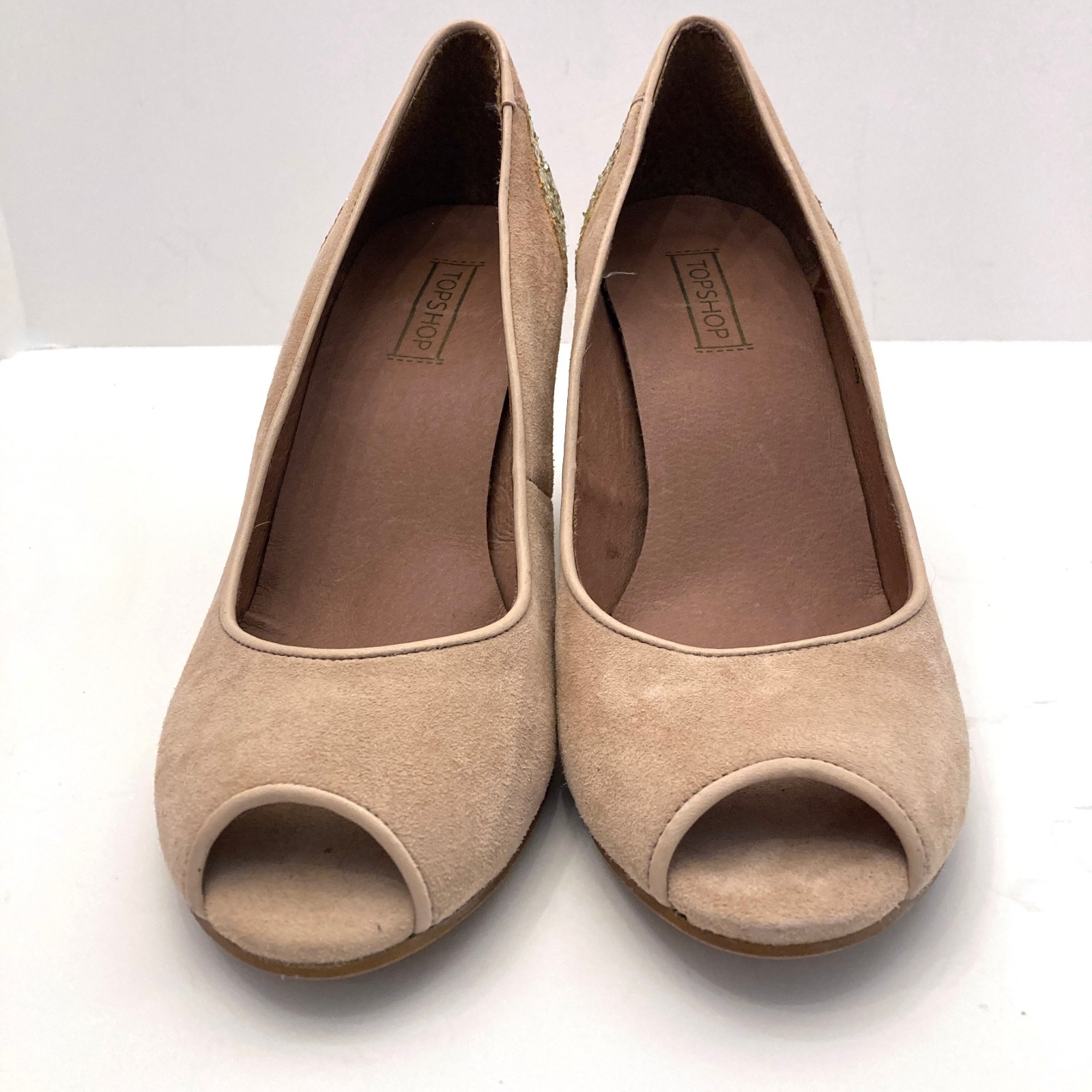 Topshop Jazzhands Pumps Beige Suede Gold Glitter Heels Womens 10.5 Peep Toe