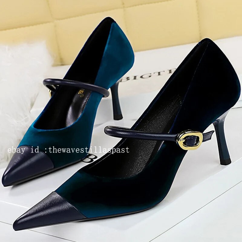 Women Pointed Toe High Heels Thin Heel Metal Buckle Stilettos Party Shoes Pumps