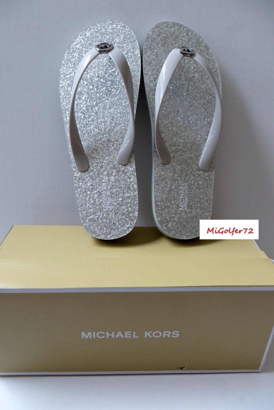 Michael Kors NIB MK Flip Flop PVC/Shiny Glitter Footbed Print Silver-Choose Size