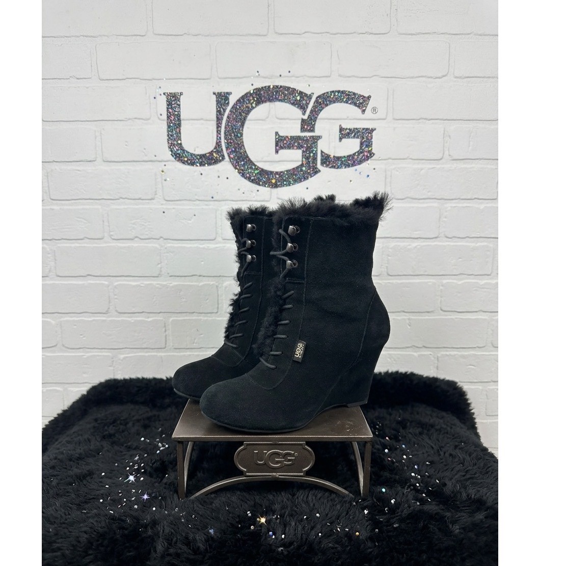 UGG 🖤Wedge Boots Black Shearling Lace Up Biker Gothic Grunge Y2K Indie sz 8