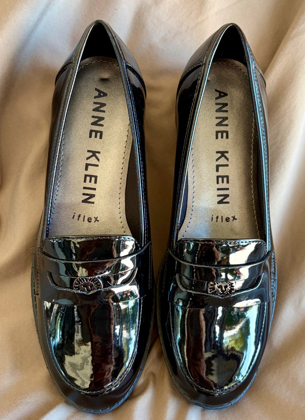 Anne Klein iflex black patent leather penny loafer heel womens 6.5 Akbenson NIB