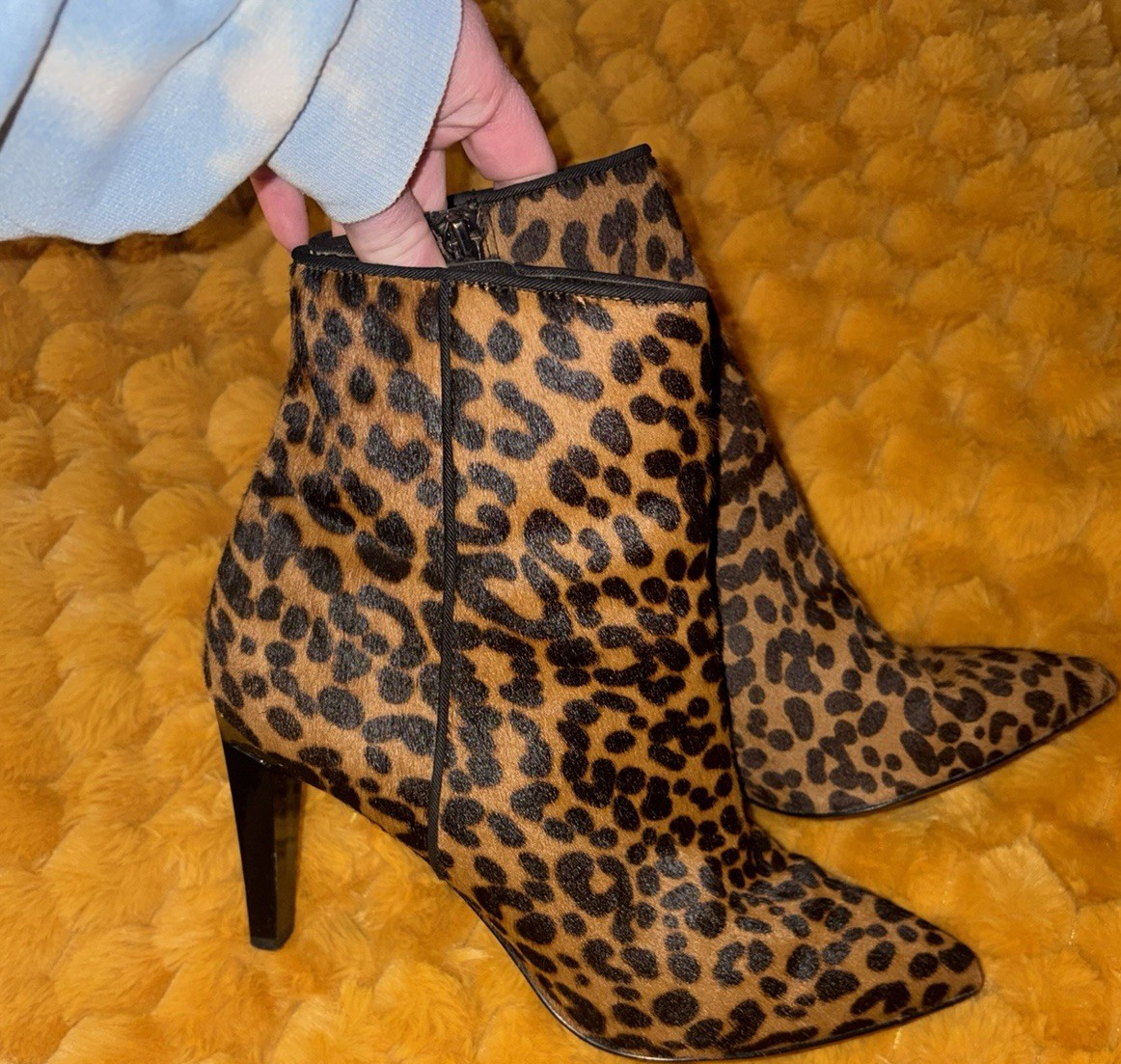 Franco Sarto Cow Hair, Leopard PrintFur Ankle Bootie Stiletto Zip Down, Womens