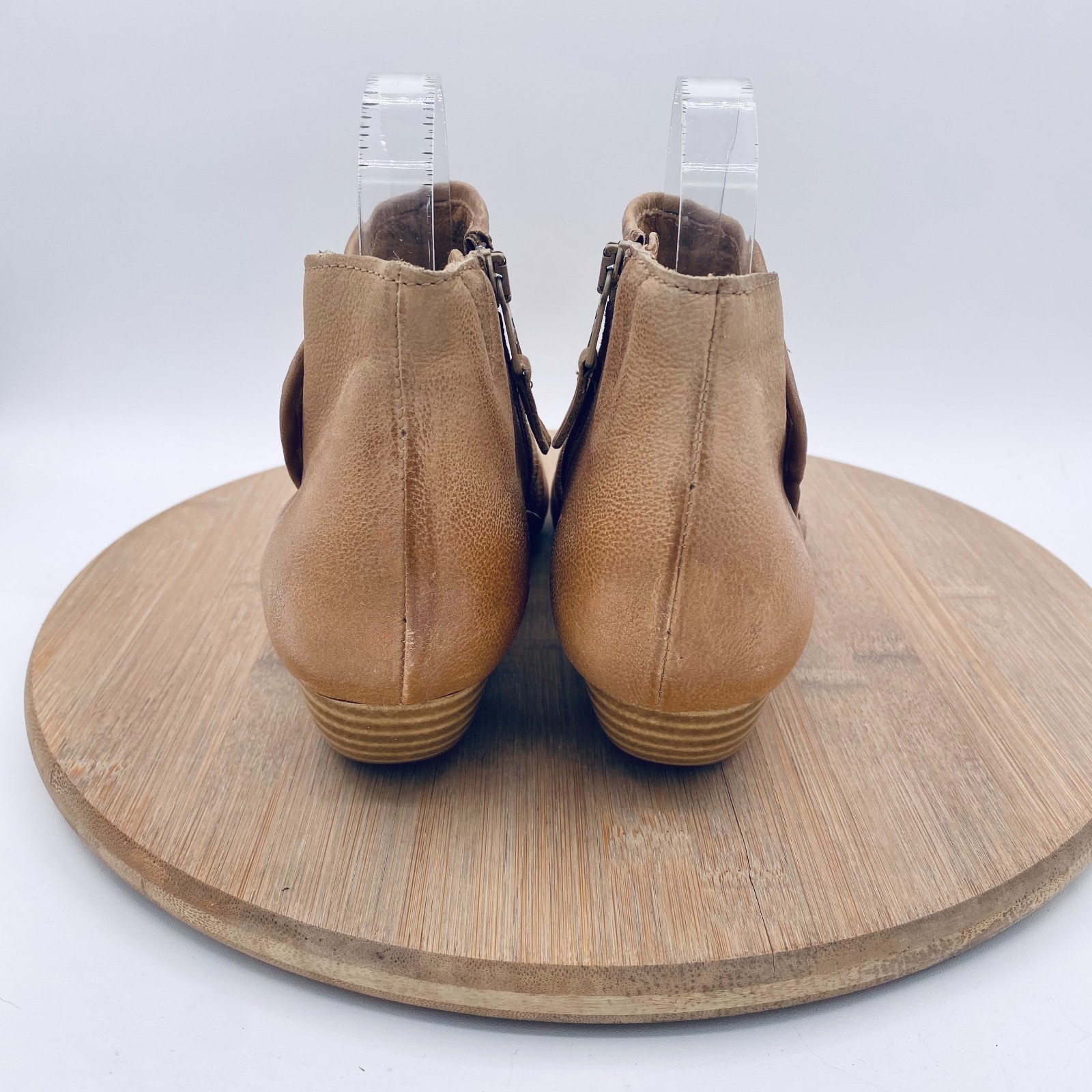 Miz Mooz Boots Womens 6.5 37 Tan Leather Ruched Ankle Booties Peep