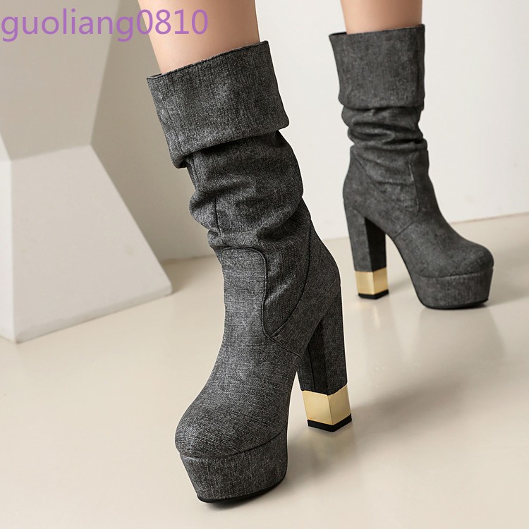 Women’s Faux Leather Mid Calf Boots Slip On Shoes Round Toe Block Heel Platform