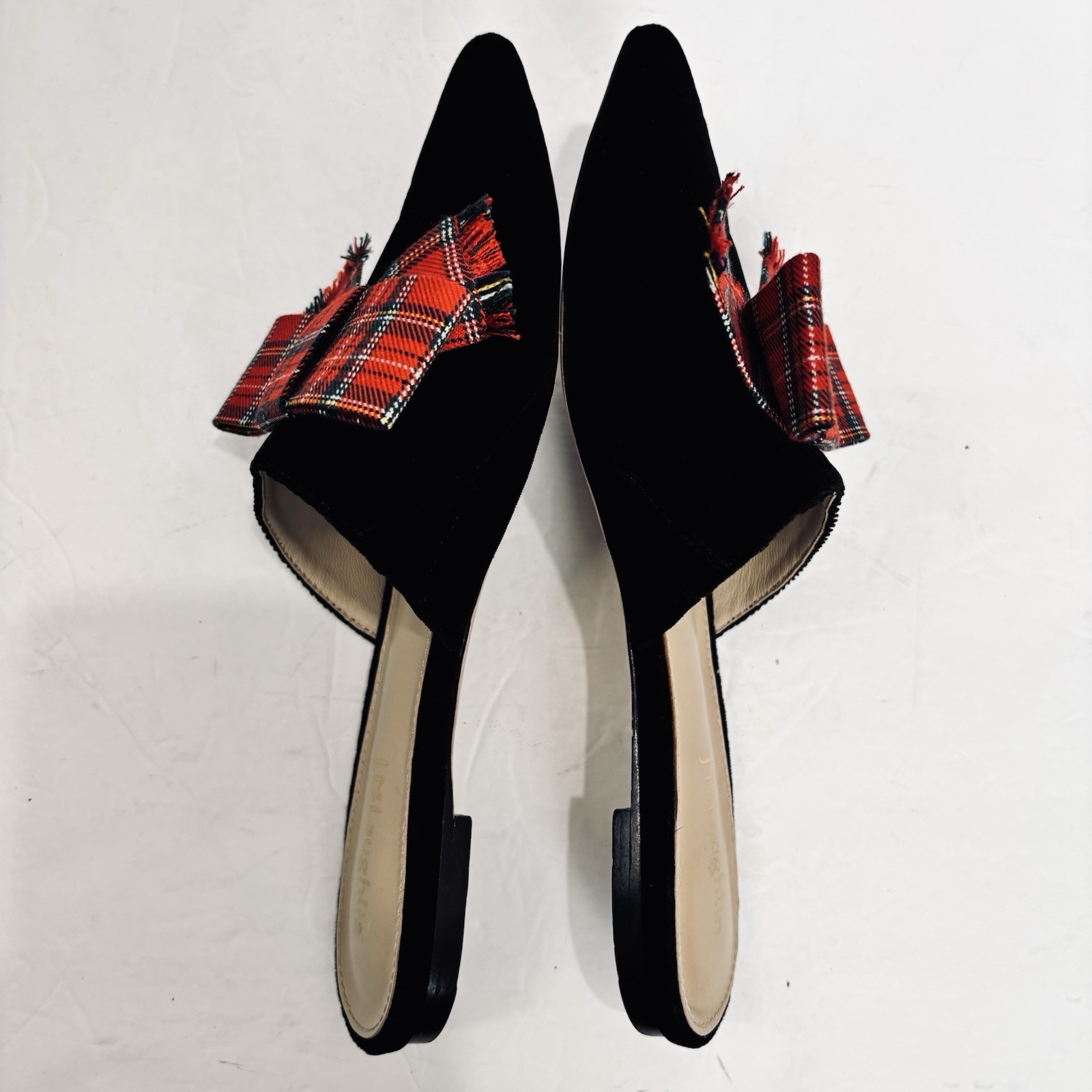 J Mclaughlin Lyon Flats Tartan Red Bow Pointed Toe Black Velvet Slide On Loafers