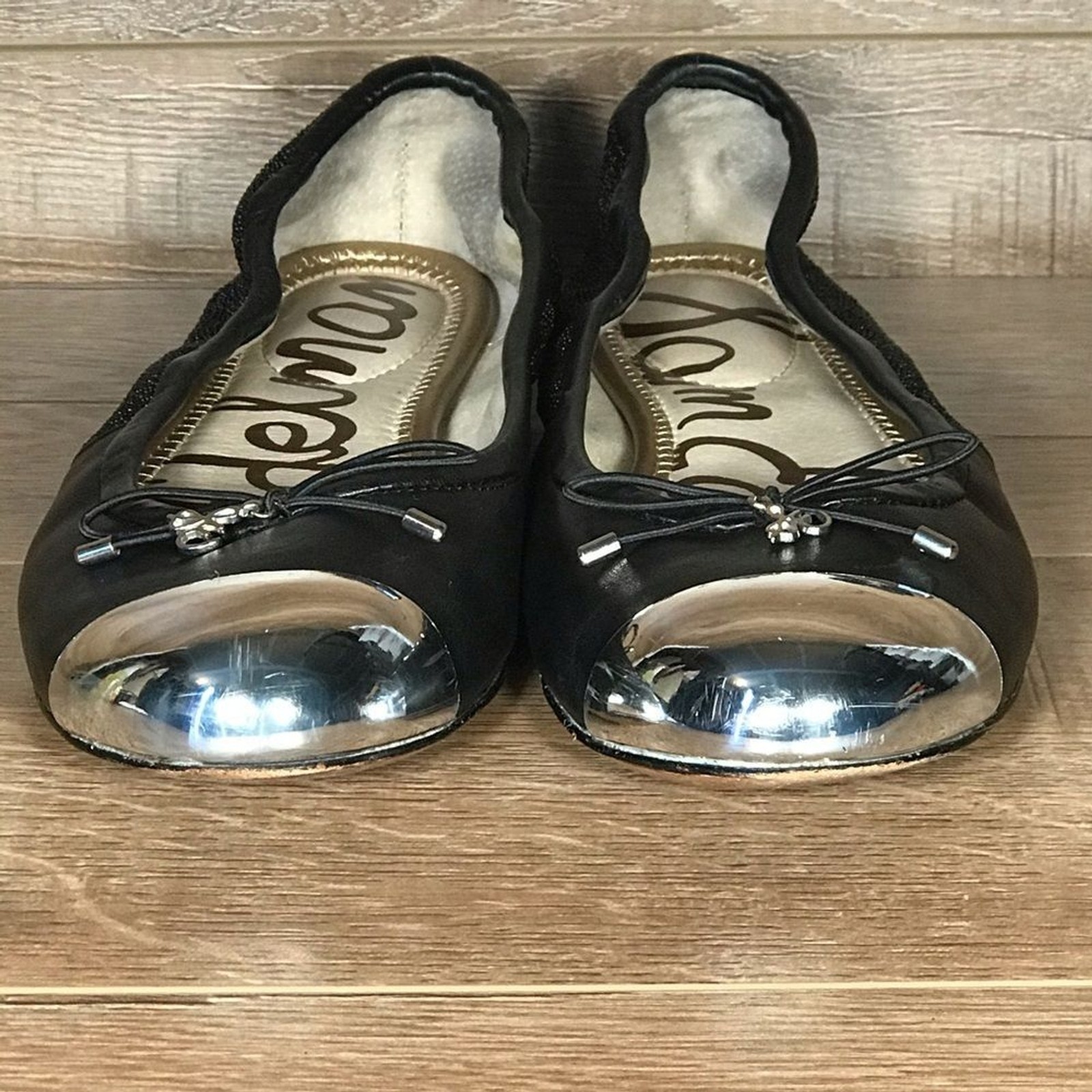 Sam Edelman Black Ballet Flats Womens 7.5 M Chrome Cap Toe Slip On Casual Travel