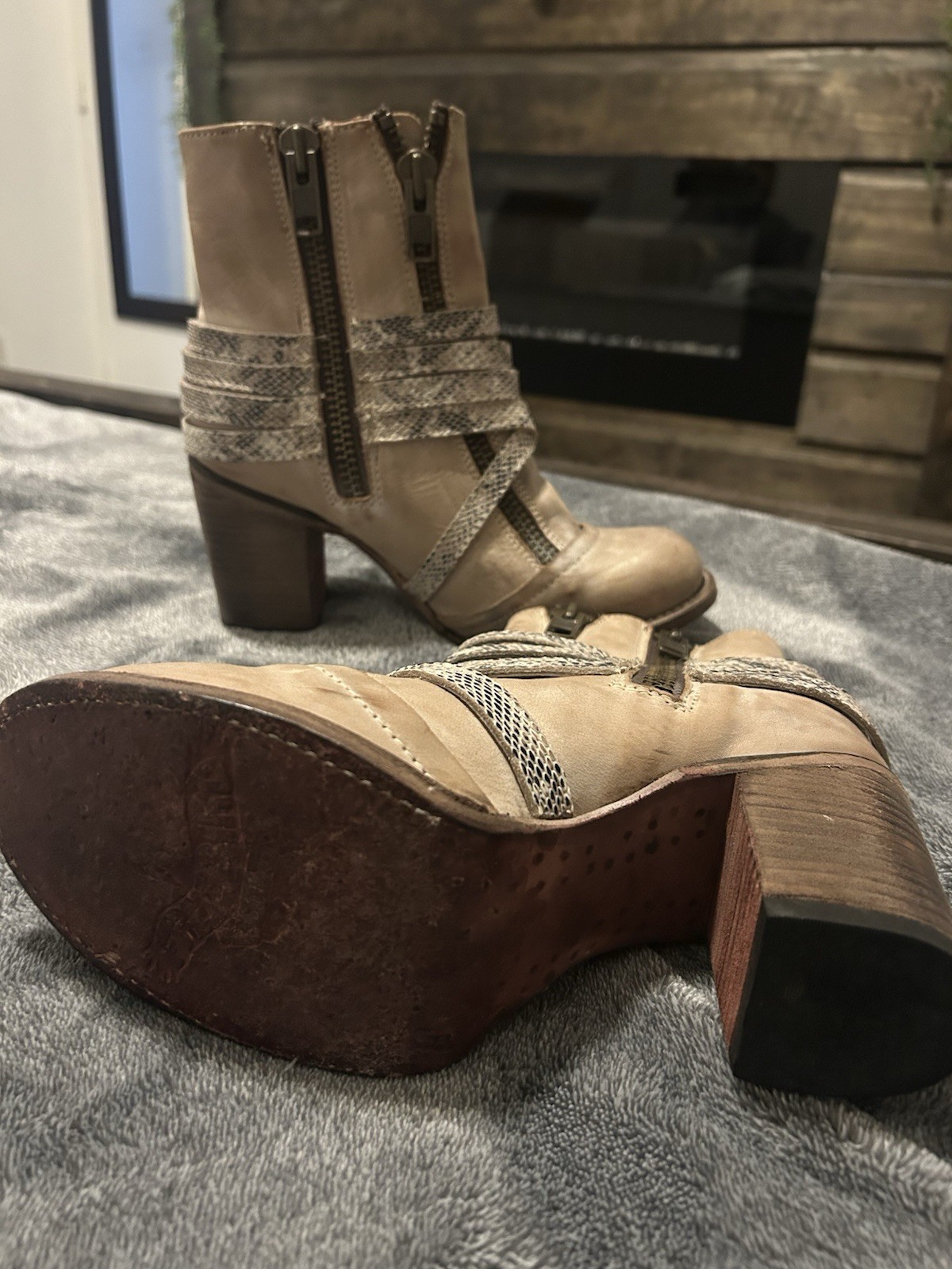 Beige Ankle Bootie – Straps Buckle Zip Block Heel Leather Round Toe Women