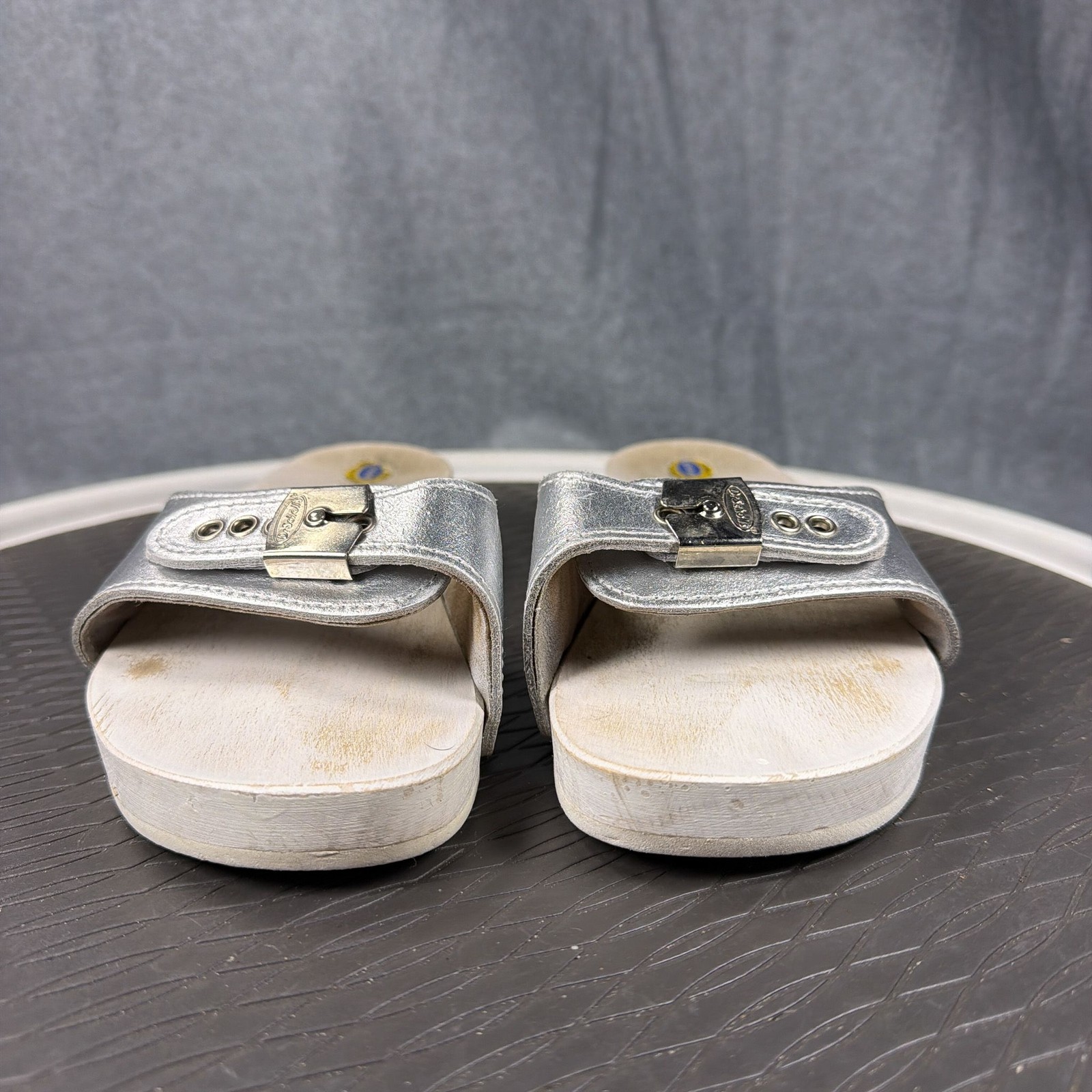 Dr Scholls Original Sandals Womens 6.5 Silver Platform Slides Buckle