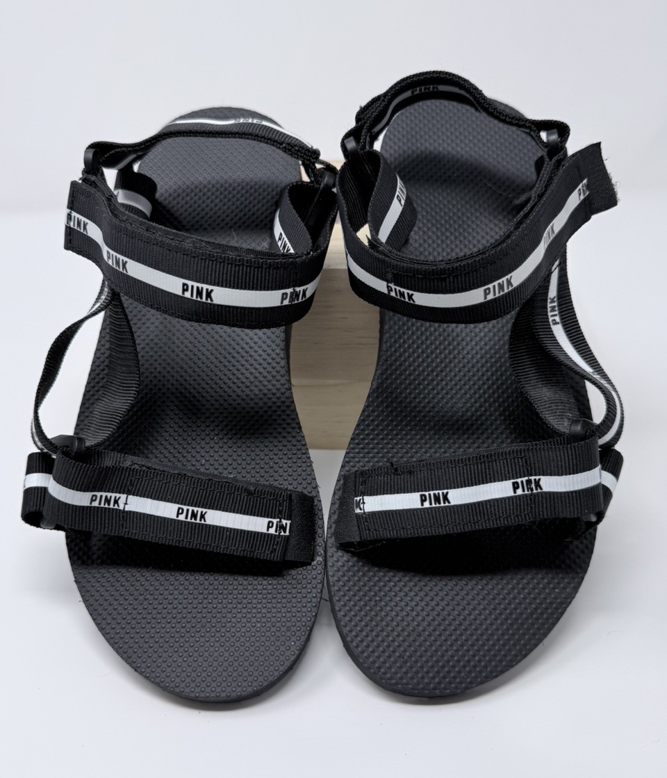Victoria’s Secret PINK Black ADJUSTABLE STRAP SANDALS SPORT SLIDE SZ Sm 5-6