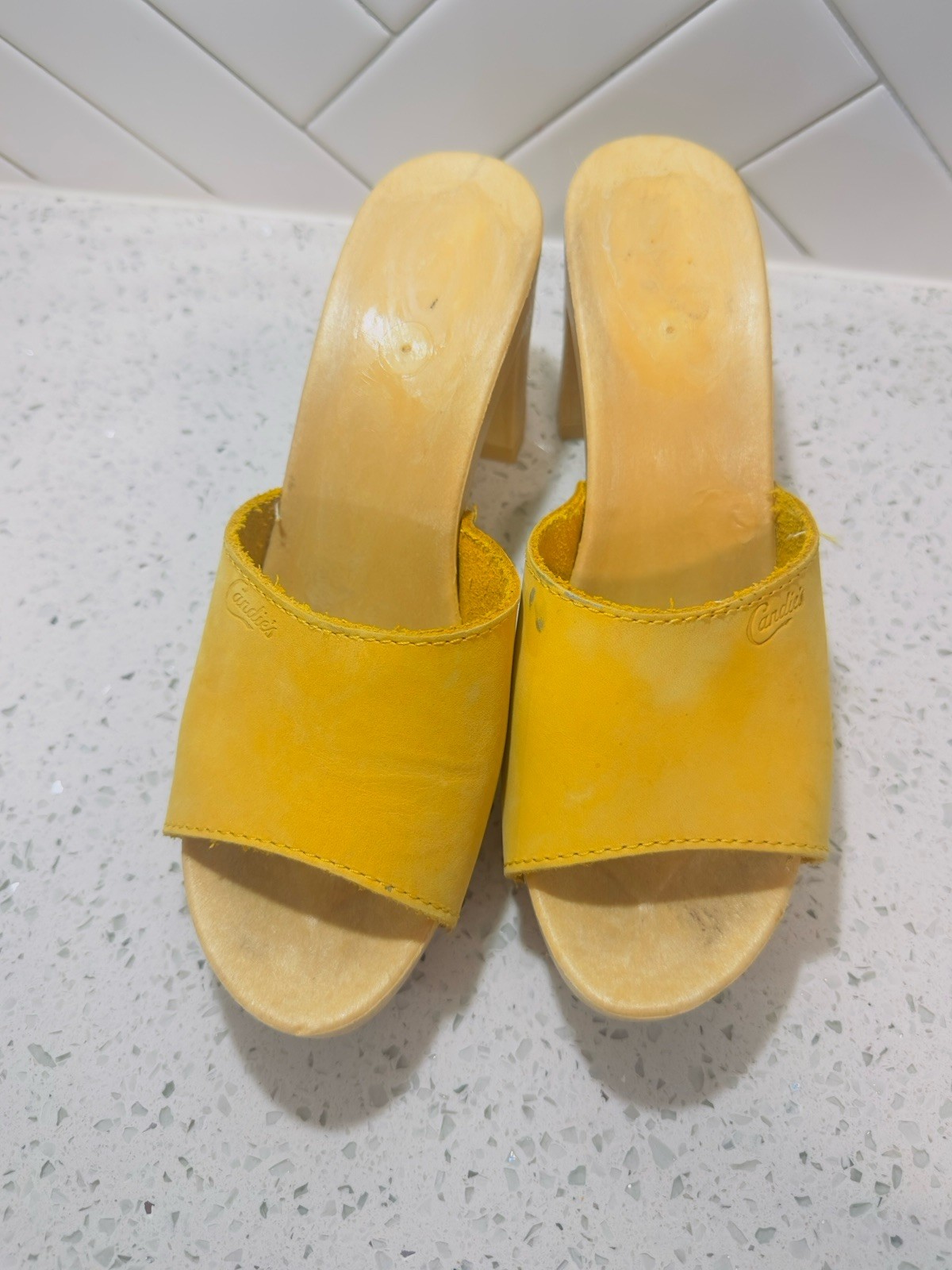Vintage 1980s Candies Original Sandals High Heels Slides Yellow Golden 8 / 39